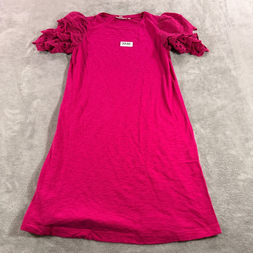Chico's T-Shirt Dress Womens 1 M Pink Eyelet Ruffle Sleeve Slub Knit 570347630